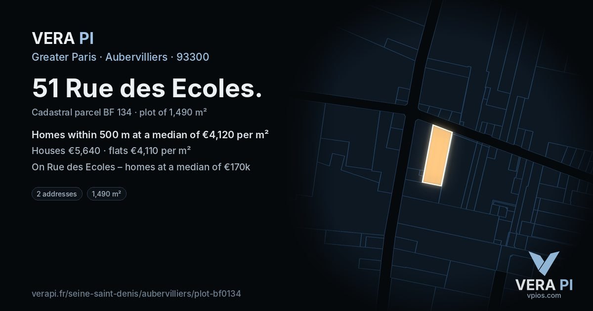 51 Rue des Ecoles, Aubervilliers at night – the plot lit, the parcels around coloured by the prices near them