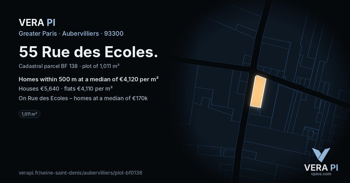 55 Rue des Ecoles, Aubervilliers at night – the plot lit, the parcels around coloured by the prices near them