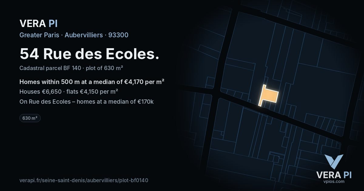 54 Rue des Ecoles, Aubervilliers at night – the plot lit, the parcels around coloured by the prices near them