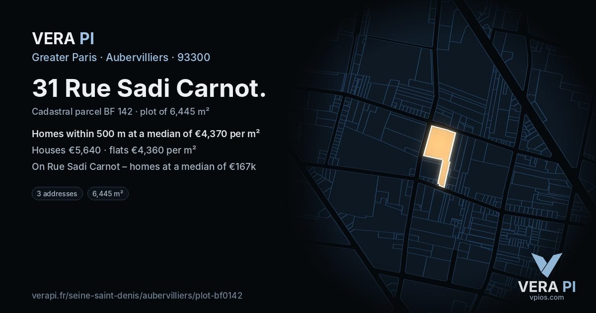 31 Rue Sadi Carnot, Aubervilliers at night – the plot lit, the parcels around coloured by the prices near them