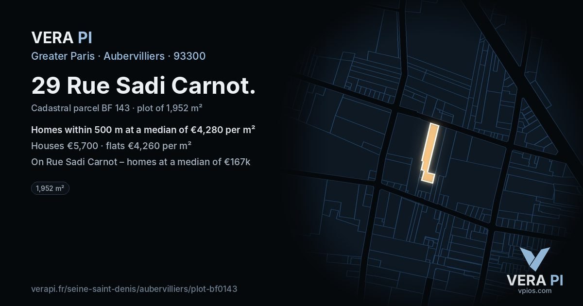 29 Rue Sadi Carnot, Aubervilliers at night – the plot lit, the parcels around coloured by the prices near them
