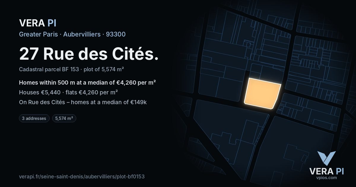 27 Rue des Cités, Aubervilliers at night – the plot lit, the parcels around coloured by the prices near them