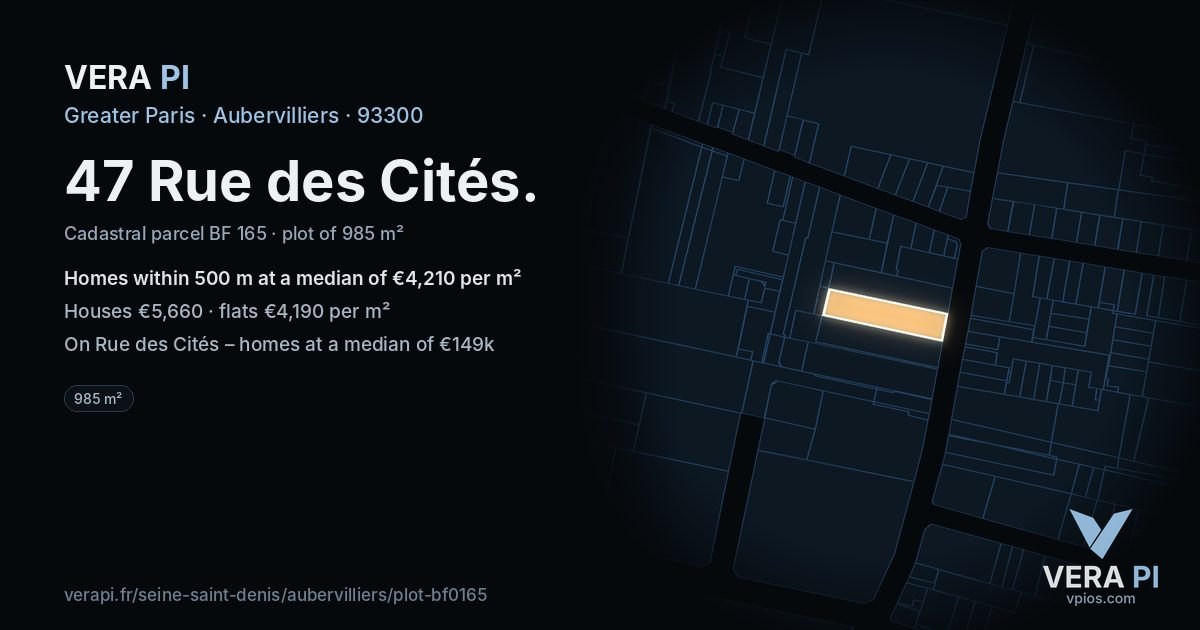 47 Rue des Cités, Aubervilliers at night – the plot lit, the parcels around coloured by the prices near them