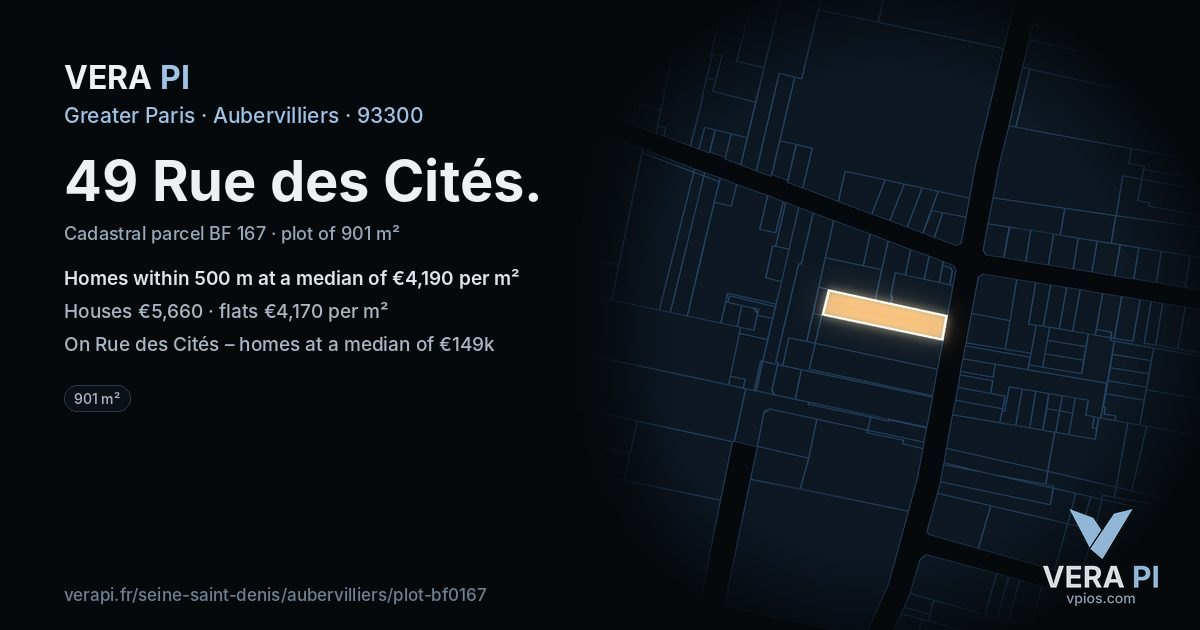 49 Rue des Cités, Aubervilliers at night – the plot lit, the parcels around coloured by the prices near them
