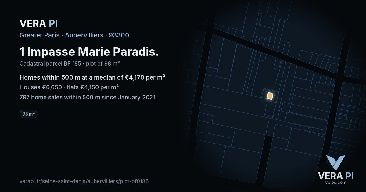 1 Impasse Marie Paradis, Aubervilliers at night – the plot lit, the parcels around coloured by the prices near them