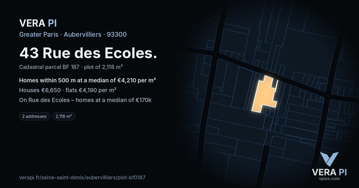 43 Rue des Ecoles, Aubervilliers at night – the plot lit, the parcels around coloured by the prices near them