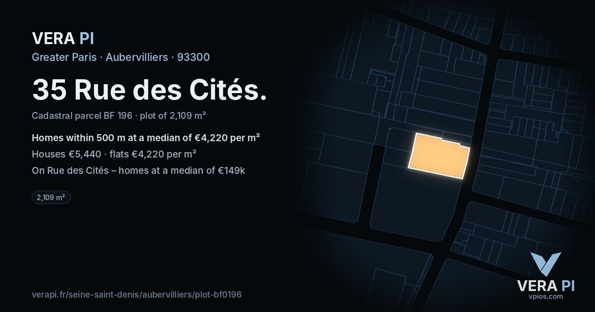 35 Rue des Cités, Aubervilliers at night – the plot lit, the parcels around coloured by the prices near them