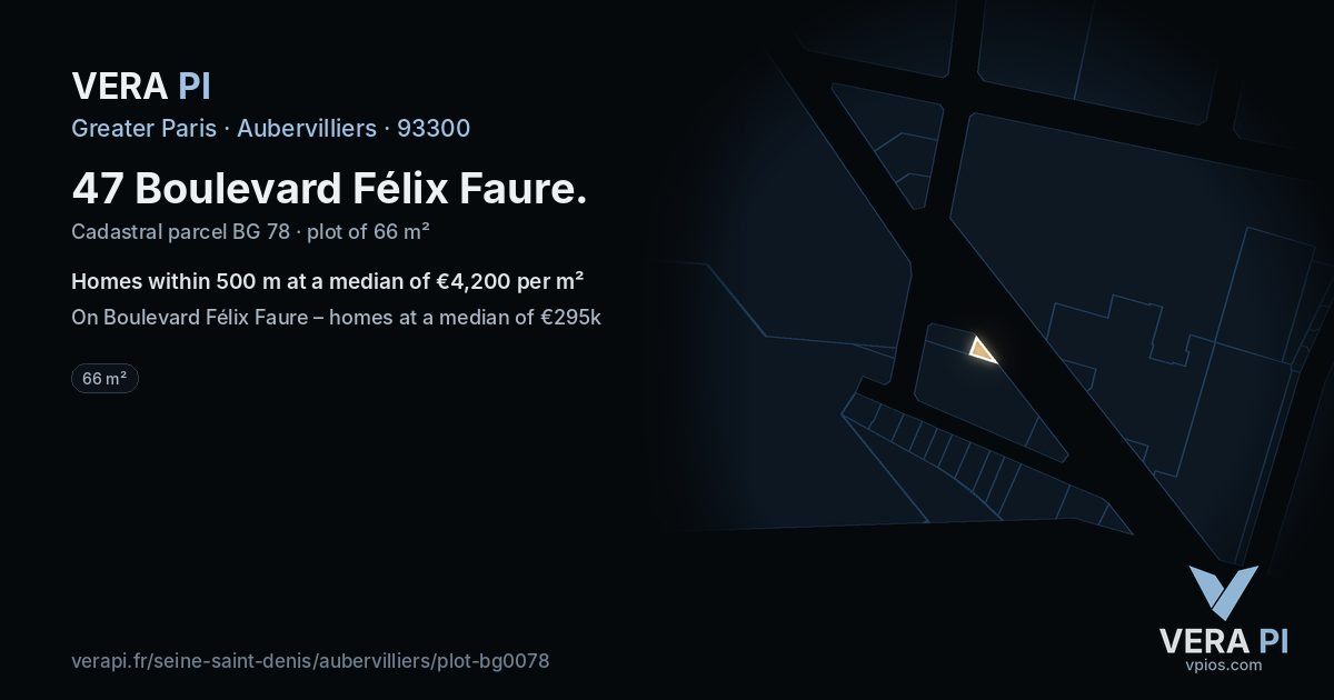 47 Boulevard Félix Faure, Aubervilliers at night – the plot lit, the parcels around coloured by the prices near them