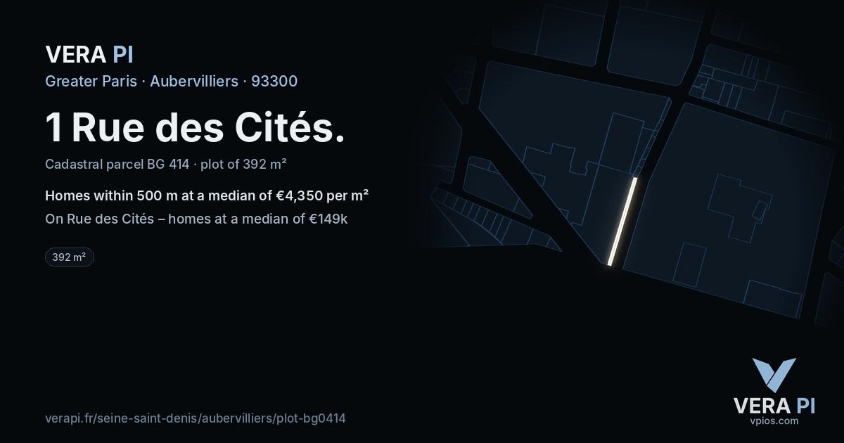 1 Rue des Cités, Aubervilliers at night – the plot lit, the parcels around coloured by the prices near them
