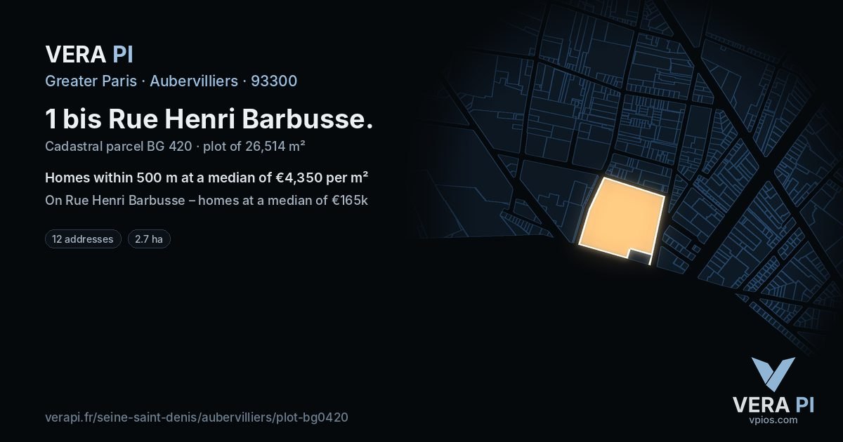 1 bis Rue Henri Barbusse, Aubervilliers at night – the plot lit, the parcels around coloured by the prices near them