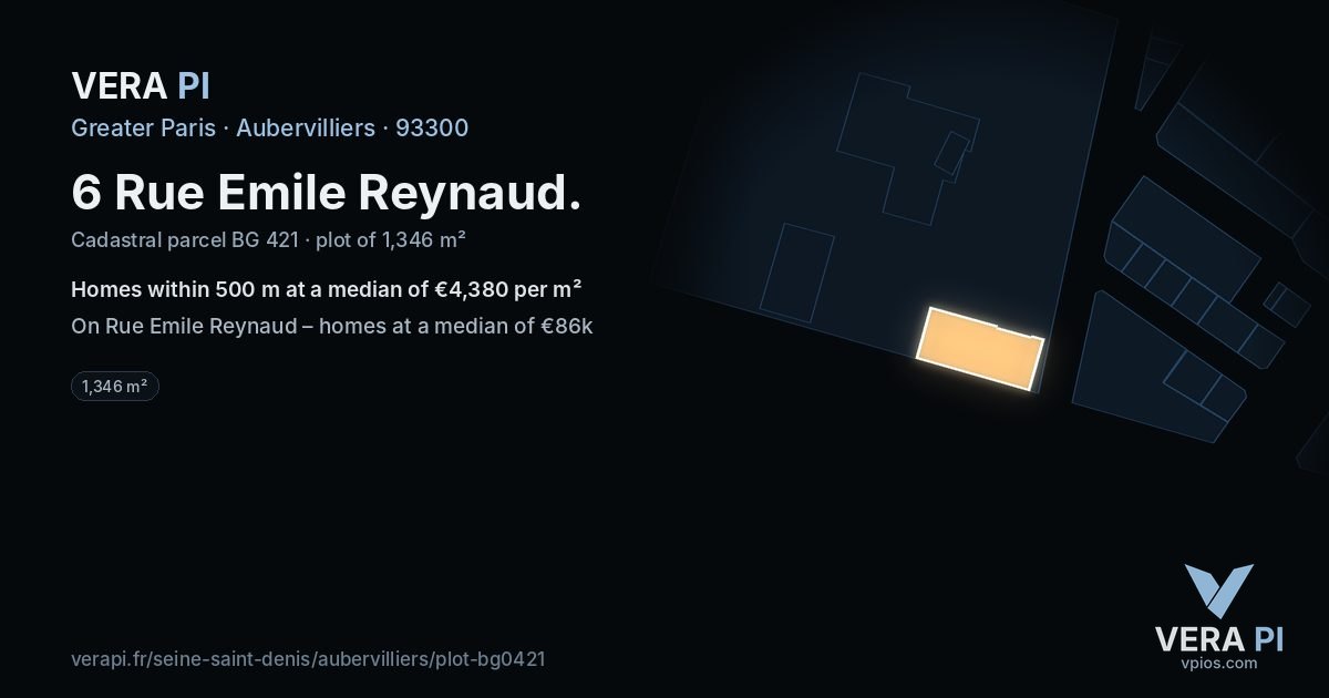 6 Rue Emile Reynaud, Aubervilliers at night – the plot lit, the parcels around coloured by the prices near them