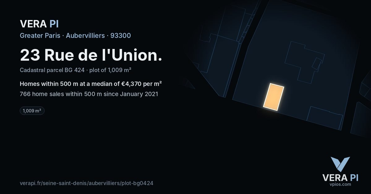 23 Rue de l'Union, Aubervilliers at night – the plot lit, the parcels around coloured by the prices near them
