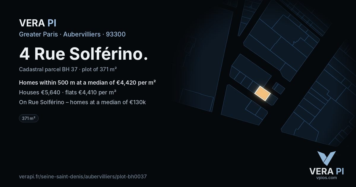 4 Rue Solférino, Aubervilliers at night – the plot lit, the parcels around coloured by the prices near them