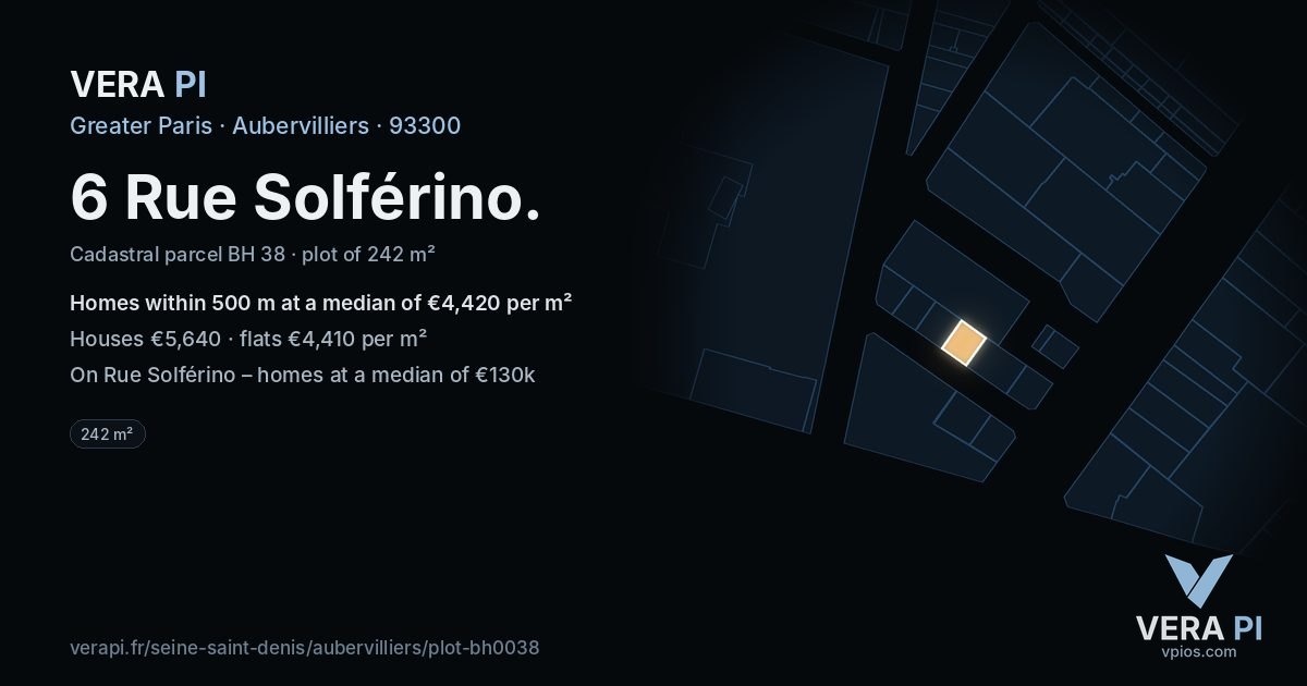6 Rue Solférino, Aubervilliers at night – the plot lit, the parcels around coloured by the prices near them