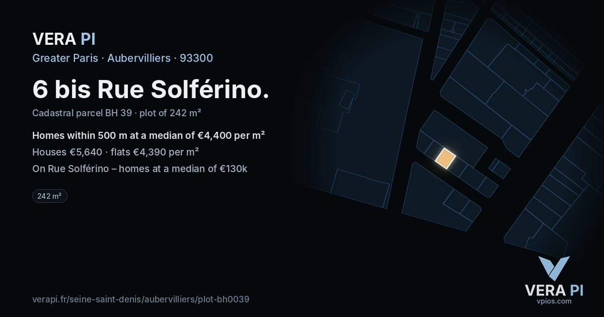 6 bis Rue Solférino, Aubervilliers at night – the plot lit, the parcels around coloured by the prices near them