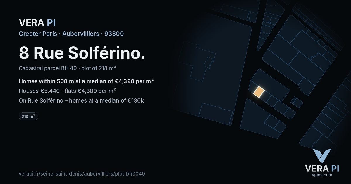 8 Rue Solférino, Aubervilliers at night – the plot lit, the parcels around coloured by the prices near them