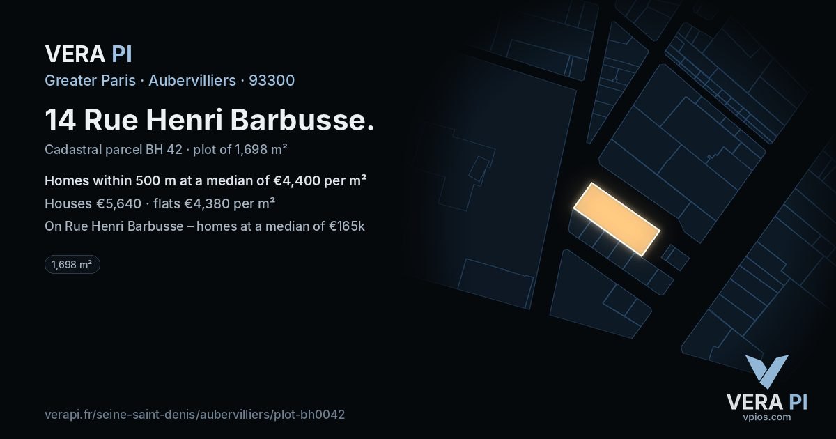 14 Rue Henri Barbusse, Aubervilliers at night – the plot lit, the parcels around coloured by the prices near them
