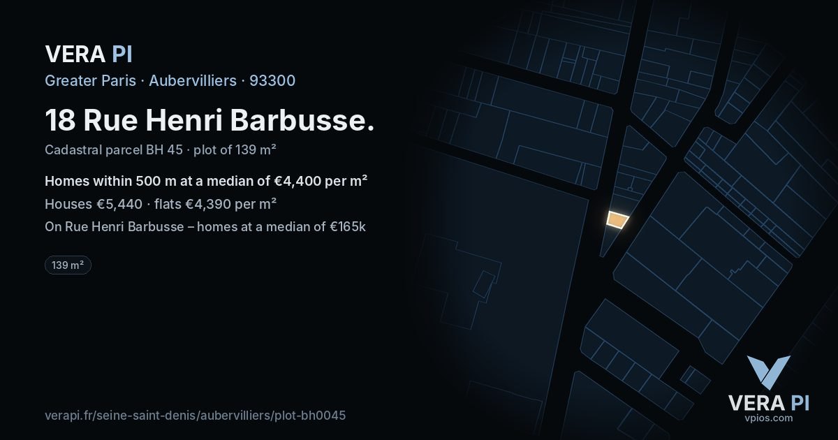 18 Rue Henri Barbusse, Aubervilliers at night – the plot lit, the parcels around coloured by the prices near them