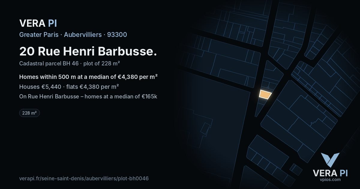 20 Rue Henri Barbusse, Aubervilliers at night – the plot lit, the parcels around coloured by the prices near them