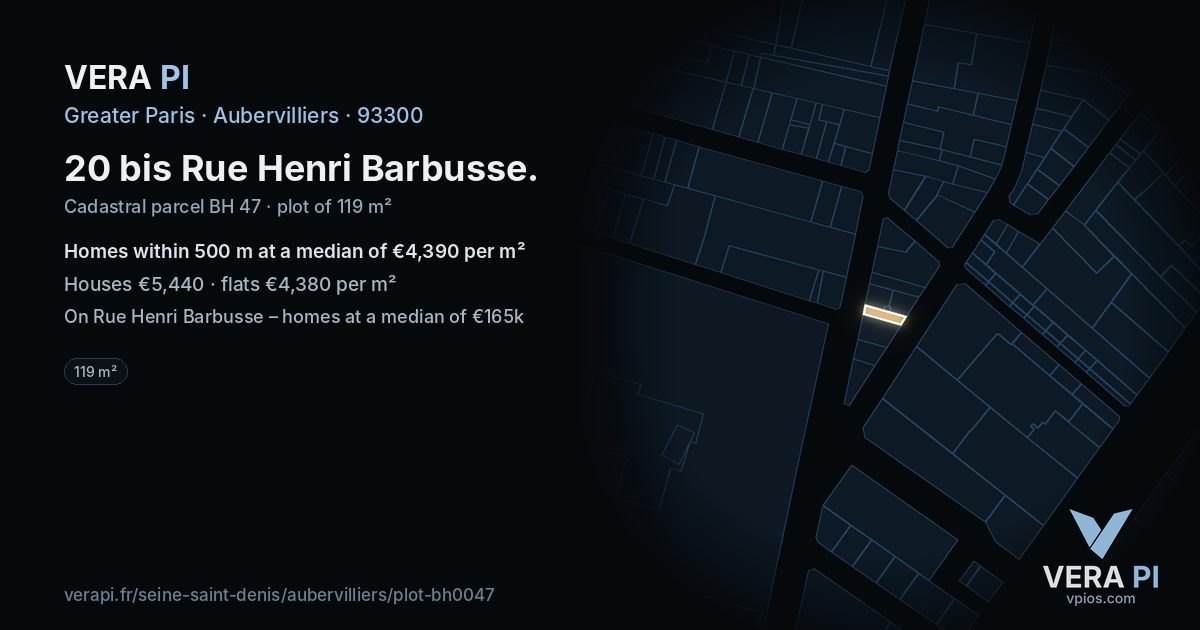 20 bis Rue Henri Barbusse, Aubervilliers at night – the plot lit, the parcels around coloured by the prices near them