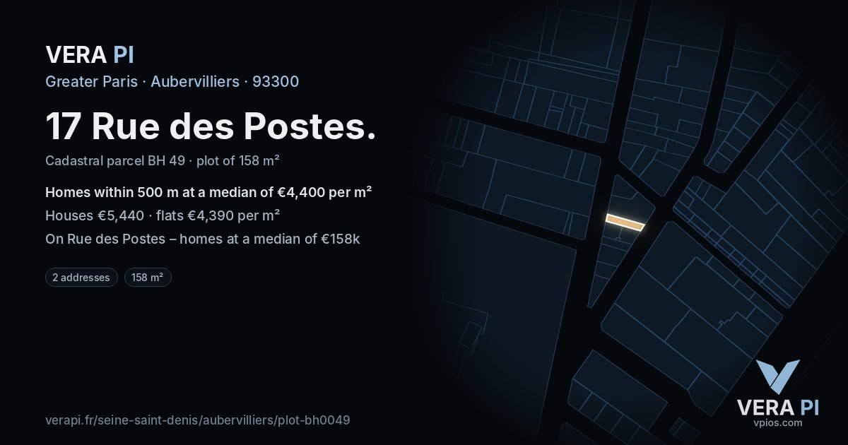 17 Rue des Postes, Aubervilliers at night – the plot lit, the parcels around coloured by the prices near them