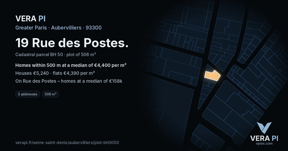 19 Rue des Postes, Aubervilliers at night – the plot lit, the parcels around coloured by the prices near them