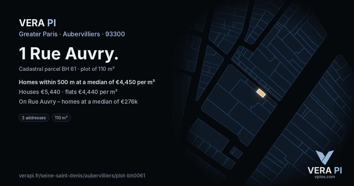 1 Rue Auvry, Aubervilliers at night – the plot lit, the parcels around coloured by the prices near them
