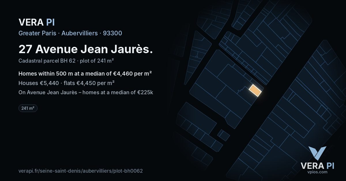 27 Avenue Jean Jaurès, Aubervilliers at night – the plot lit, the parcels around coloured by the prices near them