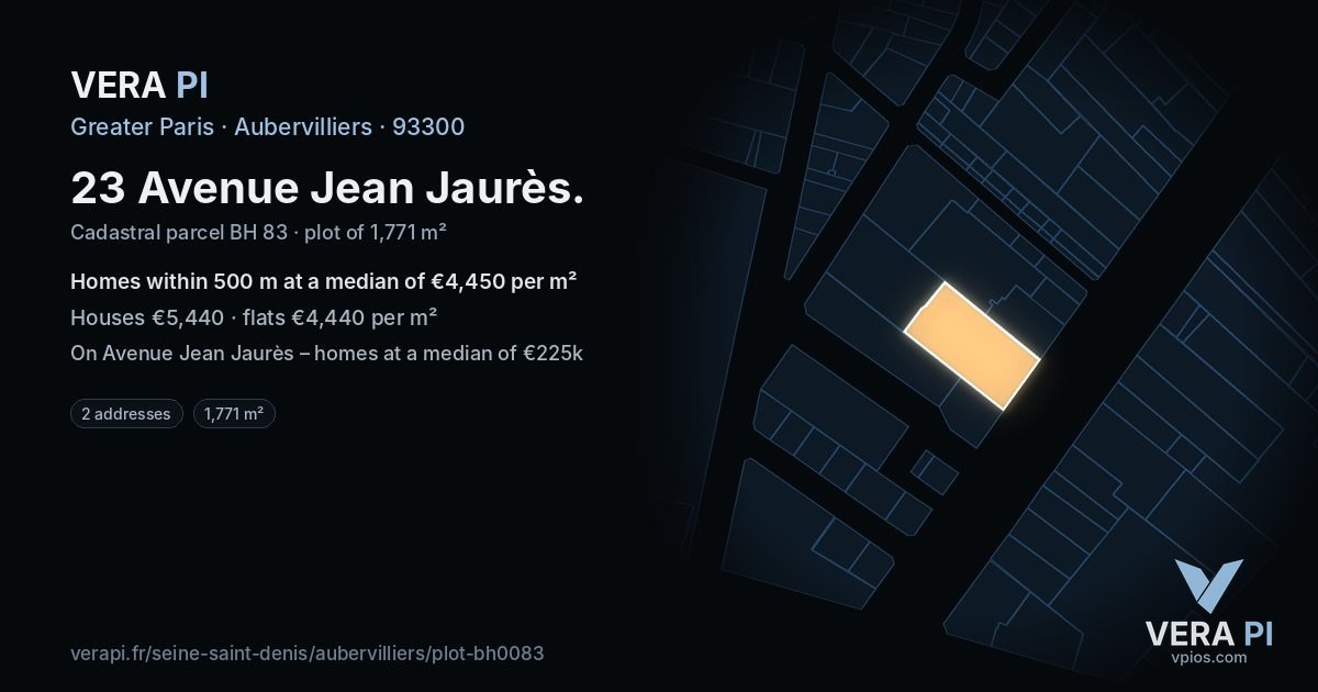 23 Avenue Jean Jaurès, Aubervilliers at night – the plot lit, the parcels around coloured by the prices near them