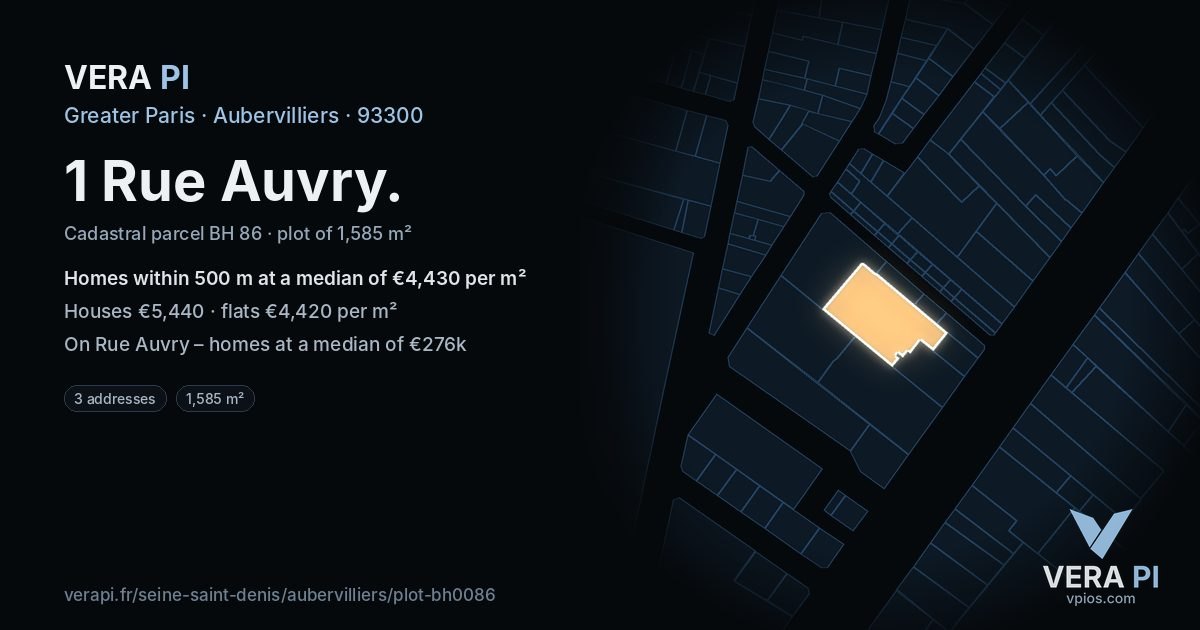 1 Rue Auvry, Aubervilliers at night – the plot lit, the parcels around coloured by the prices near them