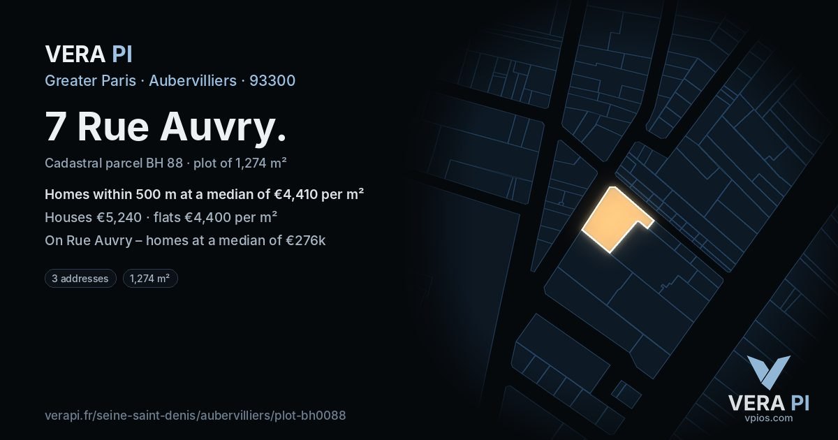 7 Rue Auvry, Aubervilliers at night – the plot lit, the parcels around coloured by the prices near them