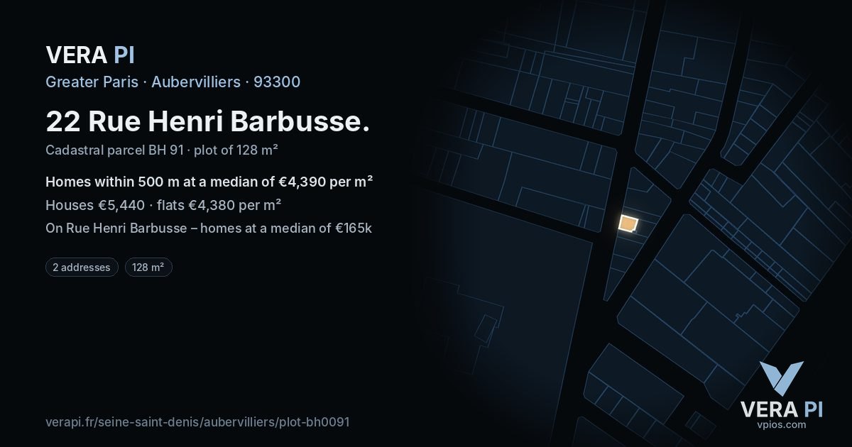 22 Rue Henri Barbusse, Aubervilliers at night – the plot lit, the parcels around coloured by the prices near them