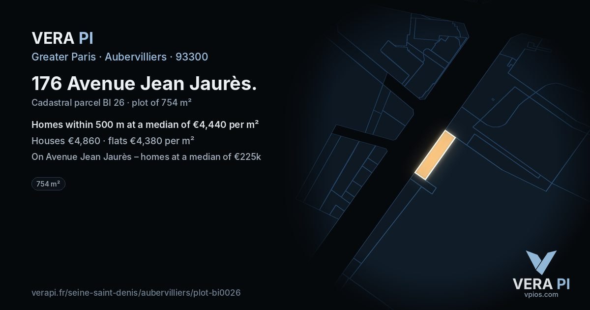 176 Avenue Jean Jaurès, Aubervilliers at night – the plot lit, the parcels around coloured by the prices near them
