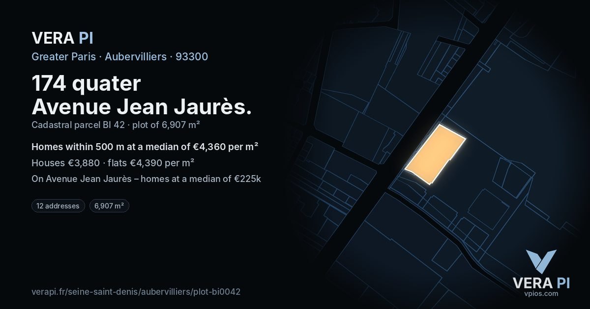 174 quater Avenue Jean Jaurès, Aubervilliers at night – the plot lit, the parcels around coloured by the prices near them