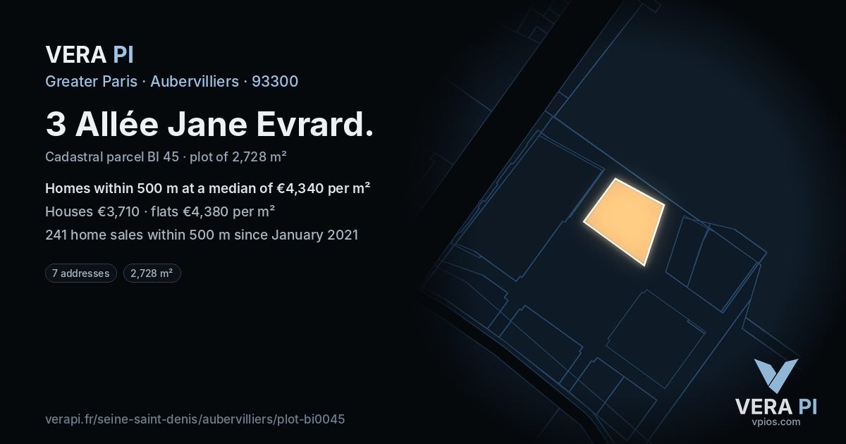 3 Allée Jane Evrard, Aubervilliers at night – the plot lit, the parcels around coloured by the prices near them
