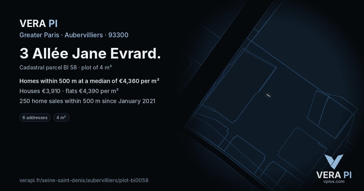 3 Allée Jane Evrard, Aubervilliers at night – the plot lit, the parcels around coloured by the prices near them