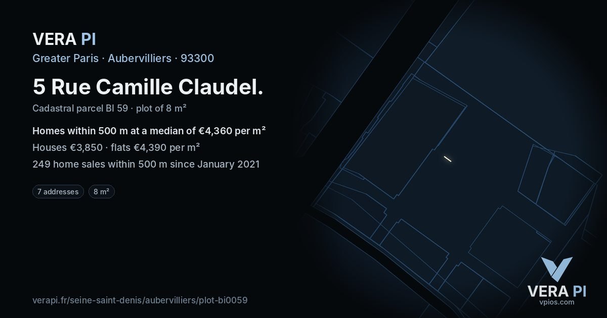 5 Rue Camille Claudel, Aubervilliers at night – the plot lit, the parcels around coloured by the prices near them