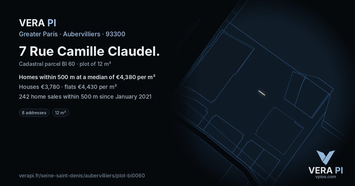 7 Rue Camille Claudel, Aubervilliers at night – the plot lit, the parcels around coloured by the prices near them