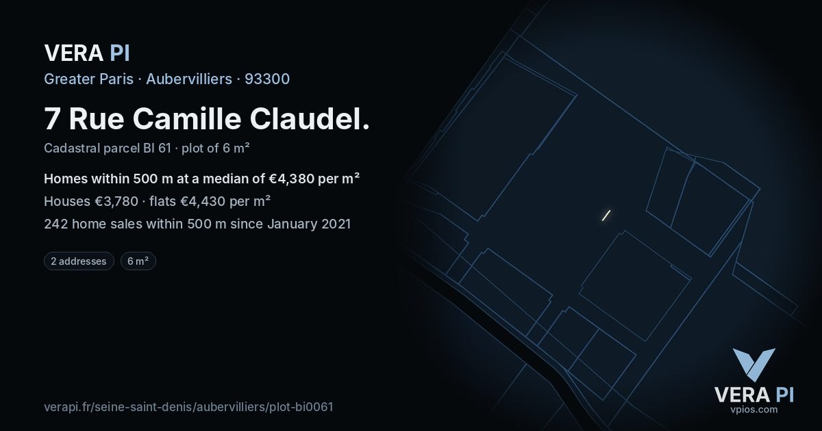 7 Rue Camille Claudel, Aubervilliers at night – the plot lit, the parcels around coloured by the prices near them