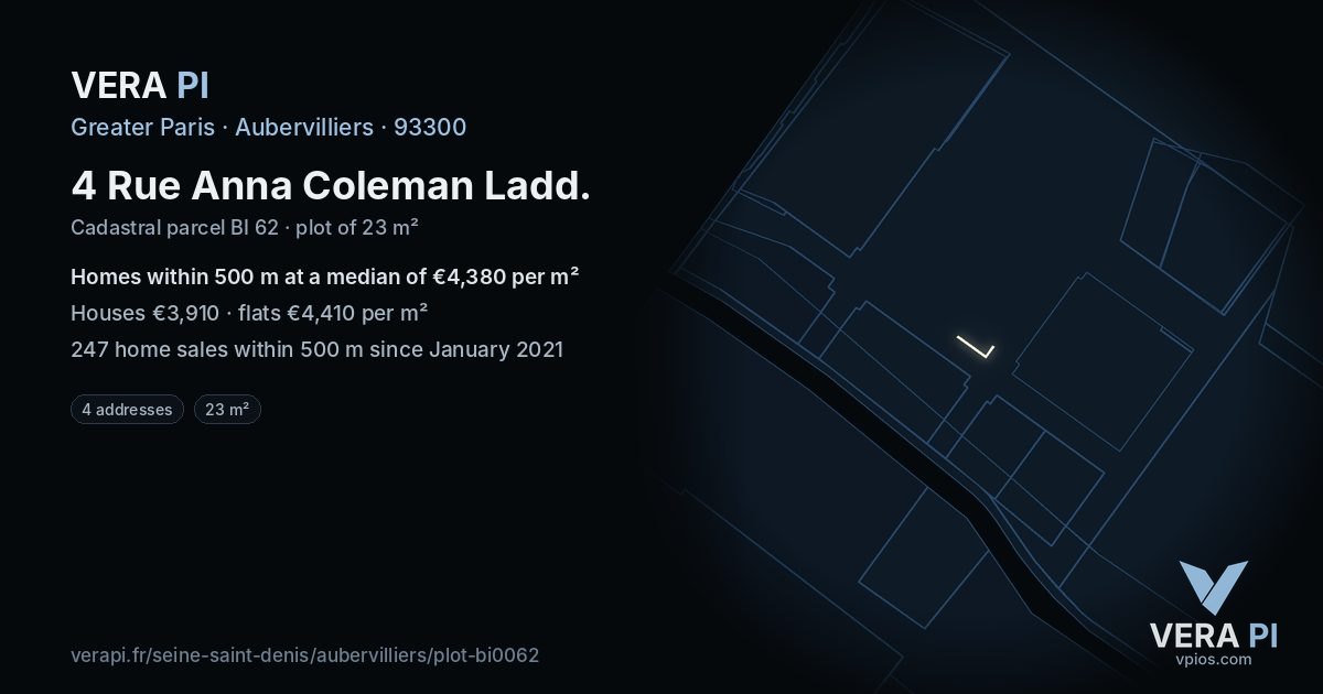4 Rue Anna Coleman Ladd, Aubervilliers at night – the plot lit, the parcels around coloured by the prices near them