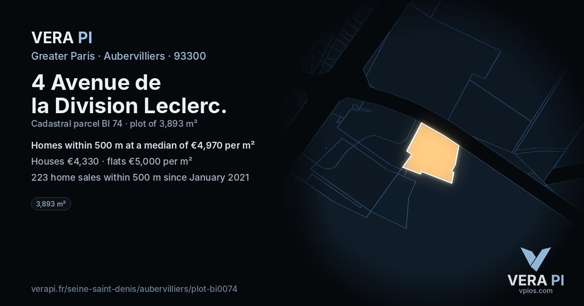 4 Avenue de la Division Leclerc, Aubervilliers at night – the plot lit, the parcels around coloured by the prices near them