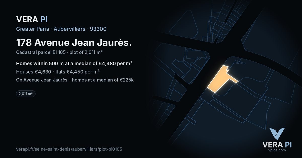 178 Avenue Jean Jaurès, Aubervilliers at night – the plot lit, the parcels around coloured by the prices near them
