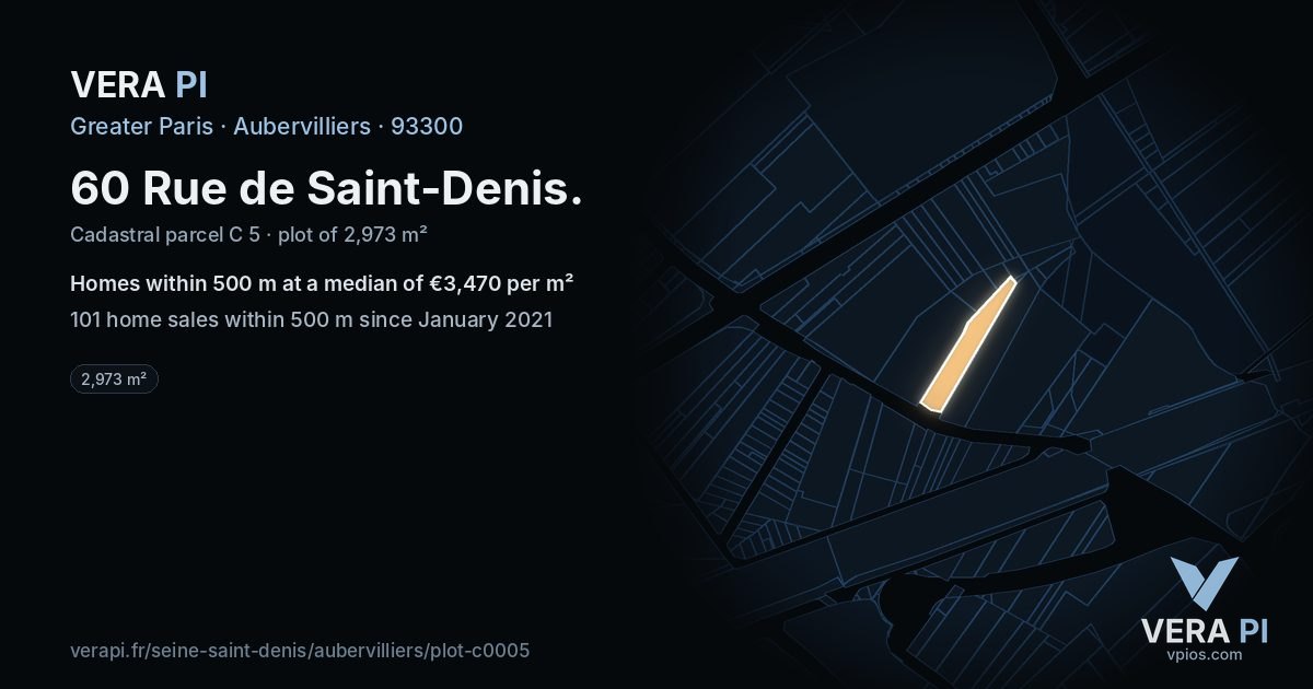 60 Rue de Saint-Denis, Aubervilliers at night – the plot lit, the parcels around coloured by the prices near them