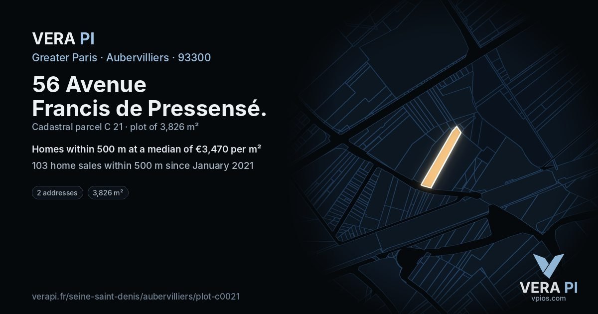 56 Avenue Francis de Pressensé, Aubervilliers at night – the plot lit, the parcels around coloured by the prices near them
