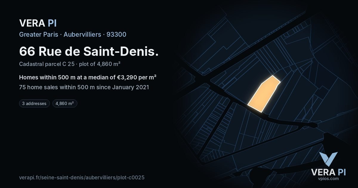 66 Rue de Saint-Denis, Aubervilliers at night – the plot lit, the parcels around coloured by the prices near them