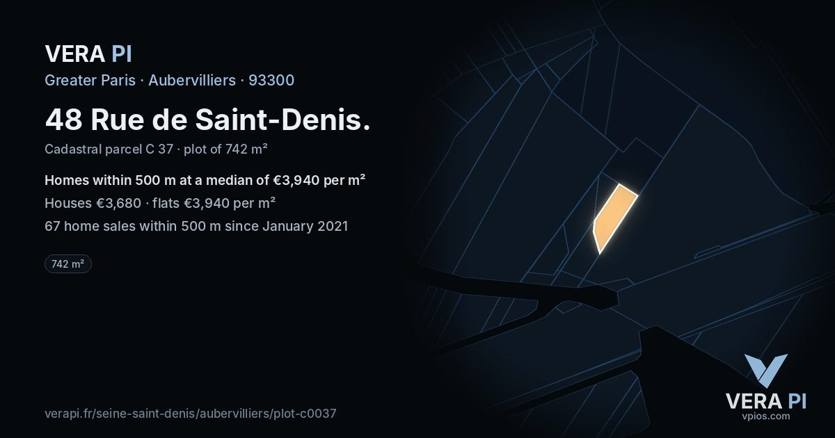 48 Rue de Saint-Denis, Aubervilliers at night – the plot lit, the parcels around coloured by the prices near them