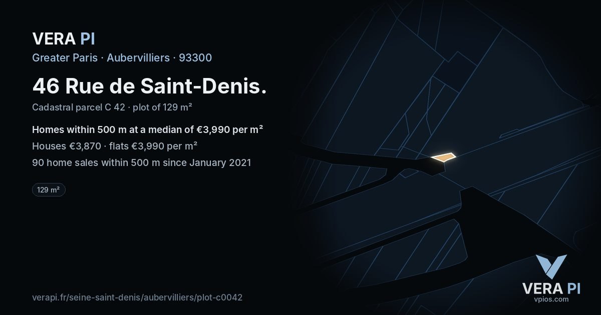 46 Rue de Saint-Denis, Aubervilliers at night – the plot lit, the parcels around coloured by the prices near them