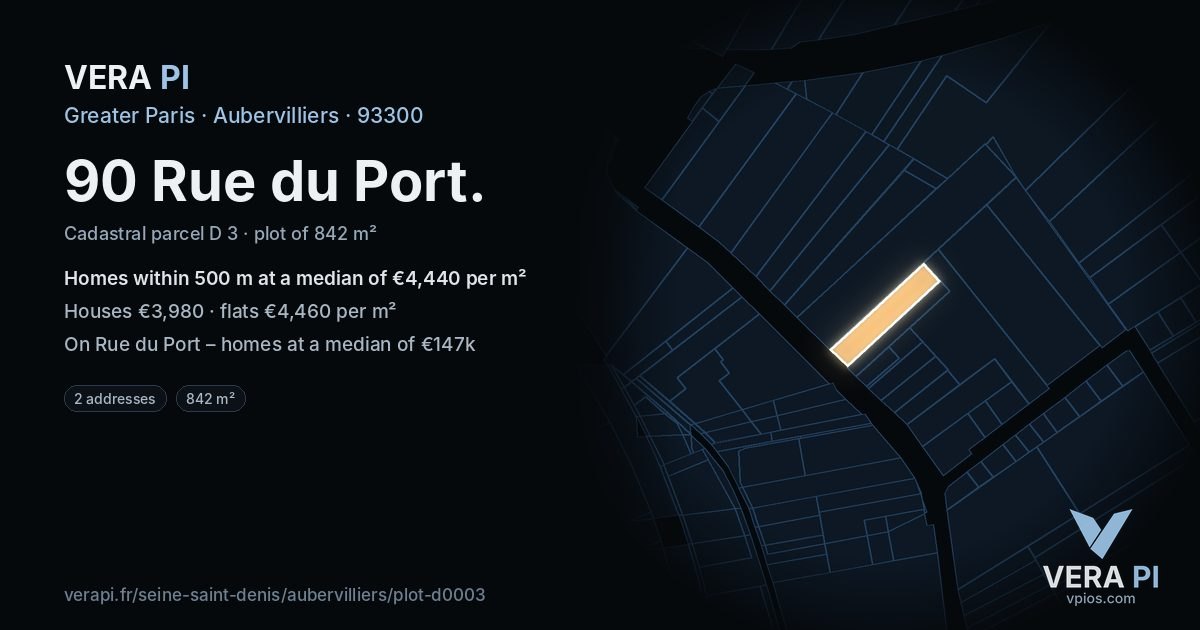 90 Rue du Port, Aubervilliers at night – the plot lit, the parcels around coloured by the prices near them