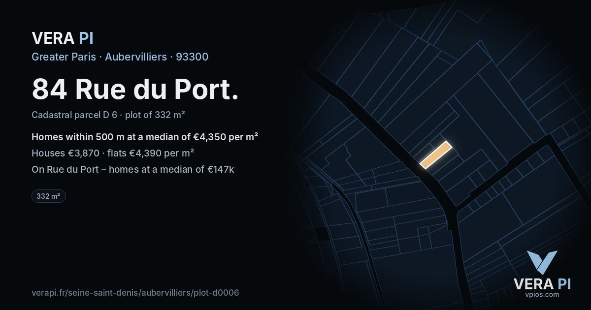 84 Rue du Port, Aubervilliers at night – the plot lit, the parcels around coloured by the prices near them