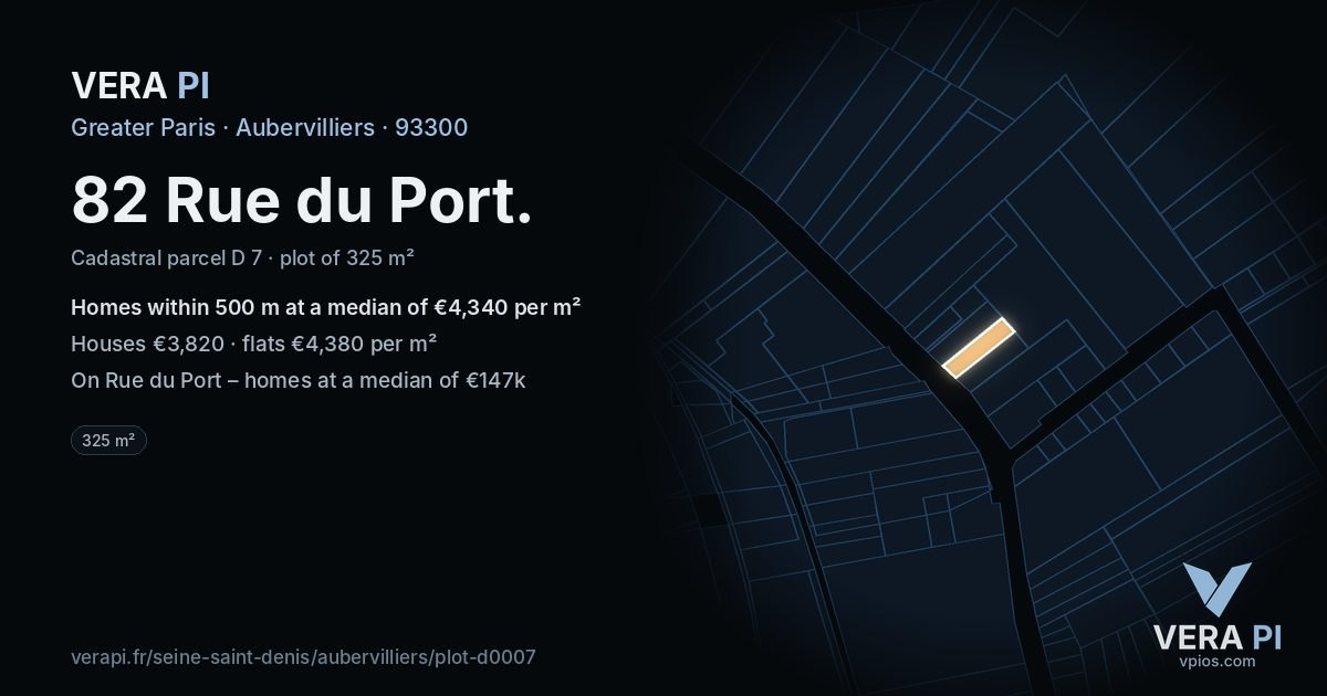 82 Rue du Port, Aubervilliers at night – the plot lit, the parcels around coloured by the prices near them